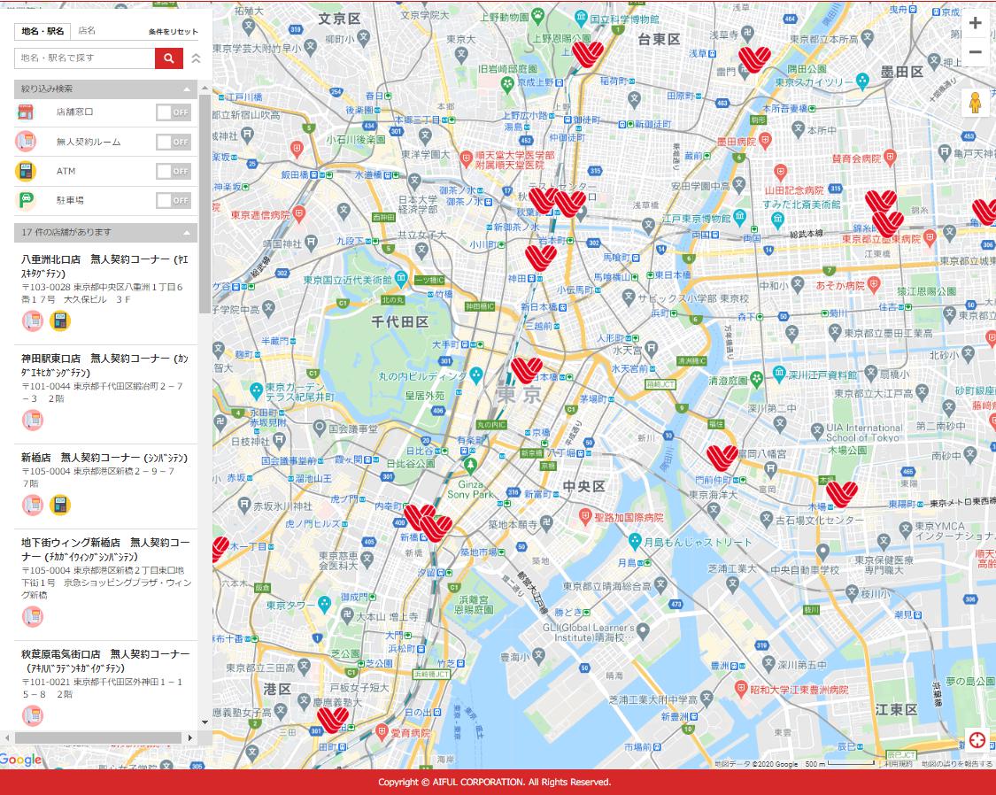 アイフルATMを探すWEBサービスの地図イメージ